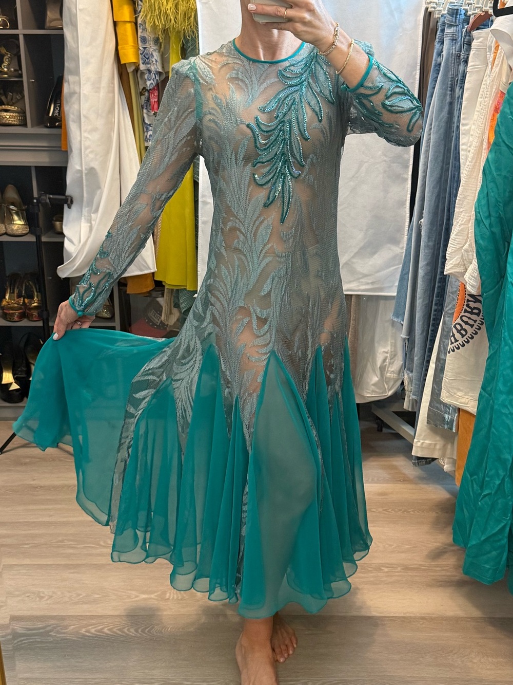 Vintage Teal Embroidered Chiffon Long Sleeve Dress Fairy Gatsby Style Halloween